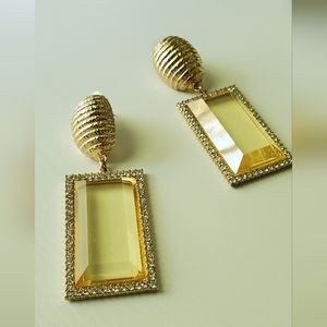 Gold tone Large Rectangular yellow crystal dangling pierced earrings